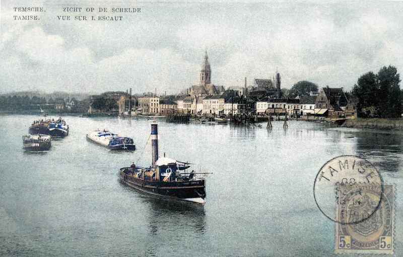 De Zeeschelde te Temse in 1909 stroomopwaarts van locatie van de huidige brug gezien