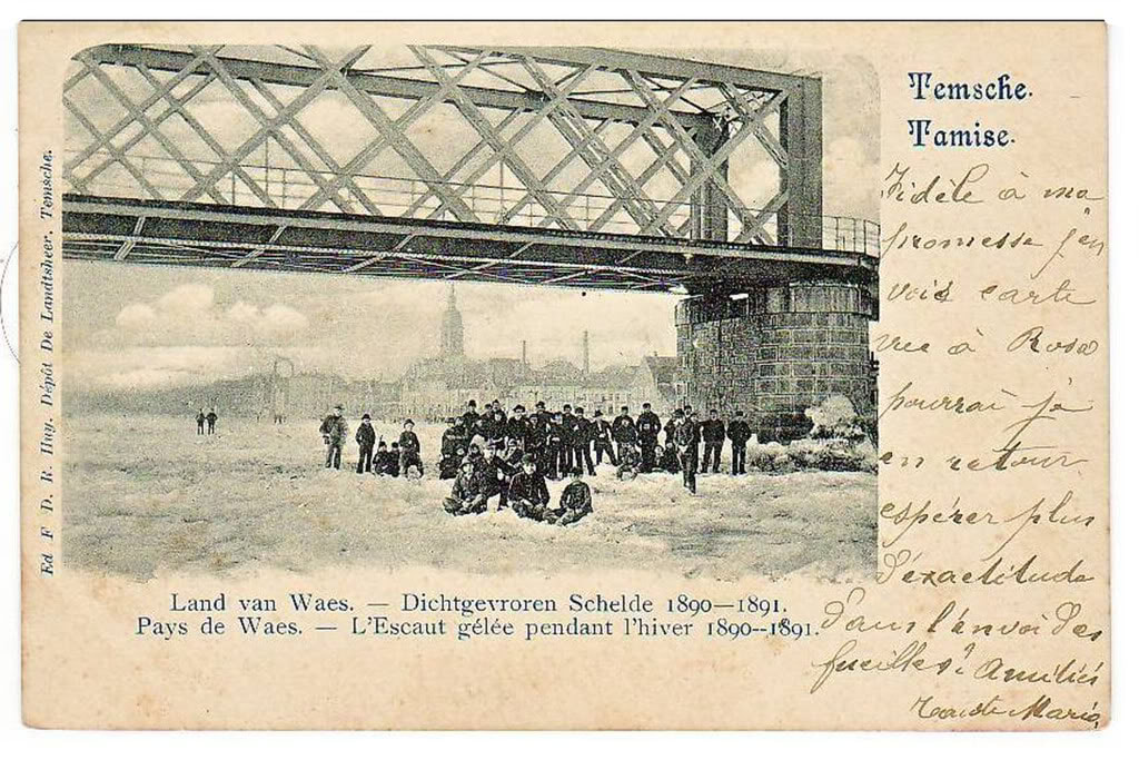 Een dichtgevroren Zeeschelde in 1890 ter hoogte van de Temsebrug