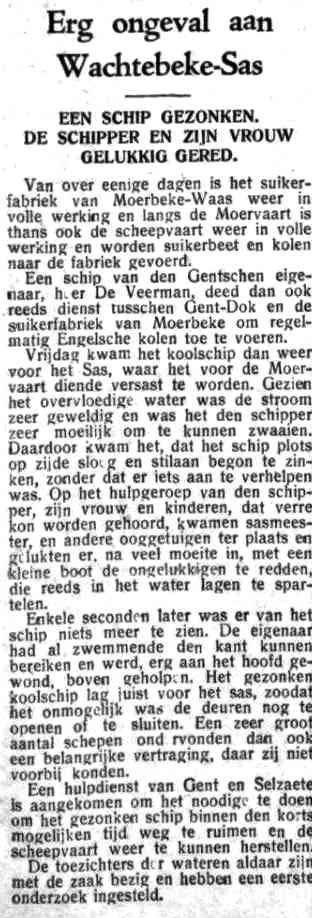 Een krantenbericht over een erg ongeval aan Wachtebeke-Sas op 31 oktober 1932 (Gazet van Antwerpen)