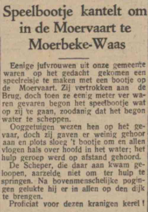 Een krantenbericht over een voorval op de Moervaart op 19 augustus 1932 (Gazet van Antwerpen)
